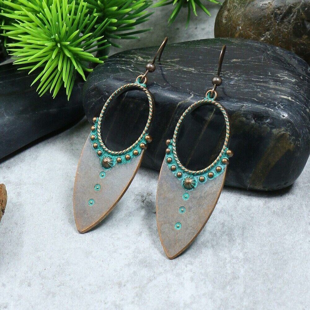 Turquoise Vintage Gold Hip-Hop Retro Leaf Alloy Aztec Drop Earrings Boho Ethnic